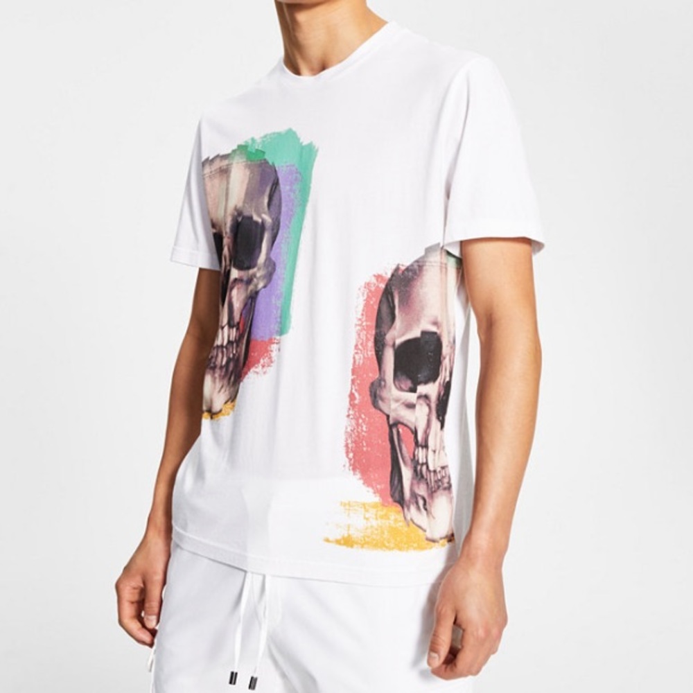 INC Men's or Unisex Skull Print White Multi Short Sleeve T-Shirt